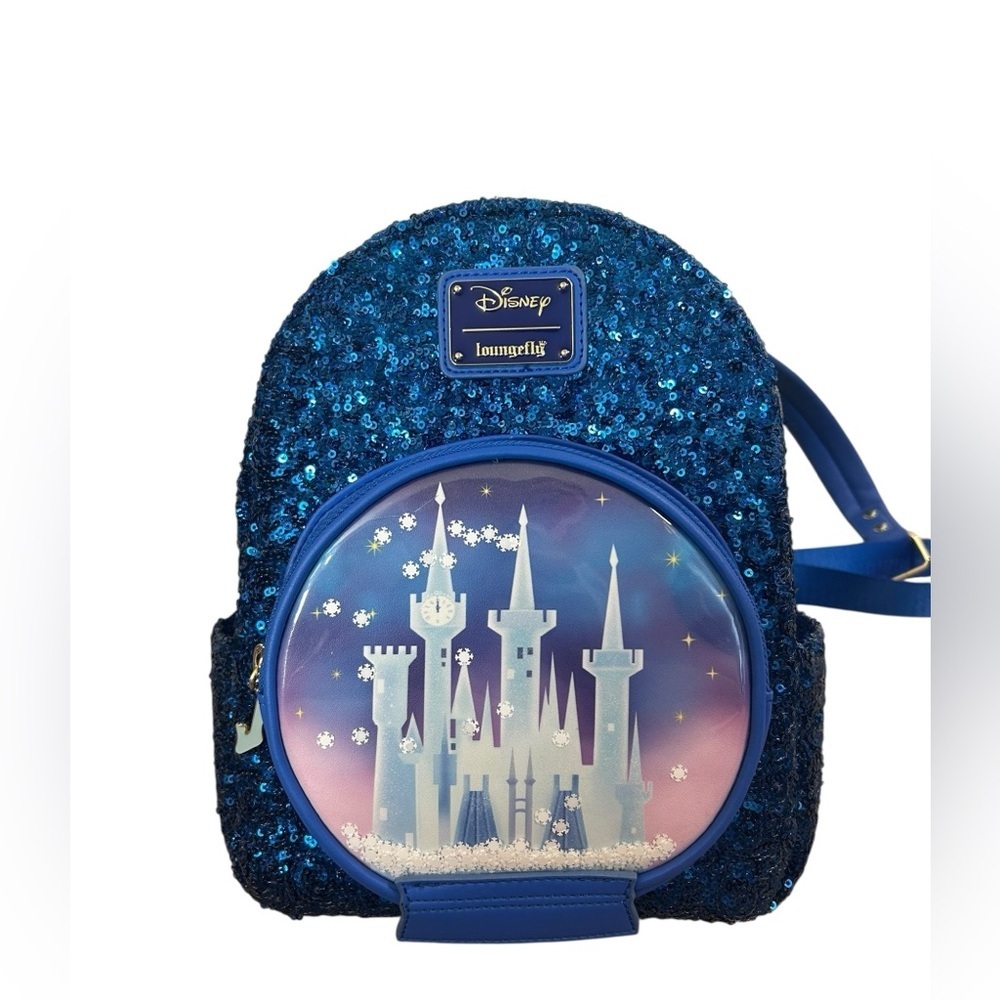 Loungefly Disney Blue Sequin Snow Globe Cinderella Mini Backpack Shoe Charm - Picture 1 of 13